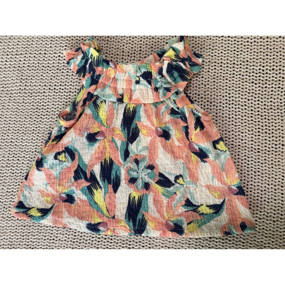 Jessica Simpson Girls Tropical Floral Ruffle Neck Crinkle Top Size 3T Coral Teal
